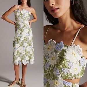 Eva Franco White and Light Green Floral Lace Midi Dress